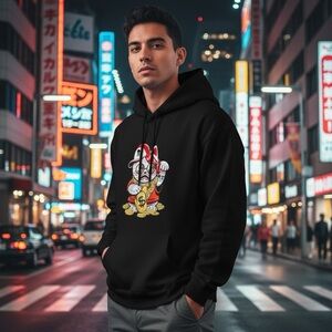 Black Hoodie Embroidered CRAZY CAT w/money bag, Gold Chains & Skull Cap
Medium